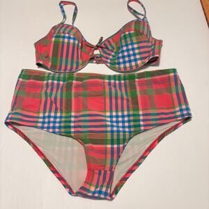 J.Crew Plaid Bikini Set Underwire Top 36D High Waist XL  Bottoms Plaid